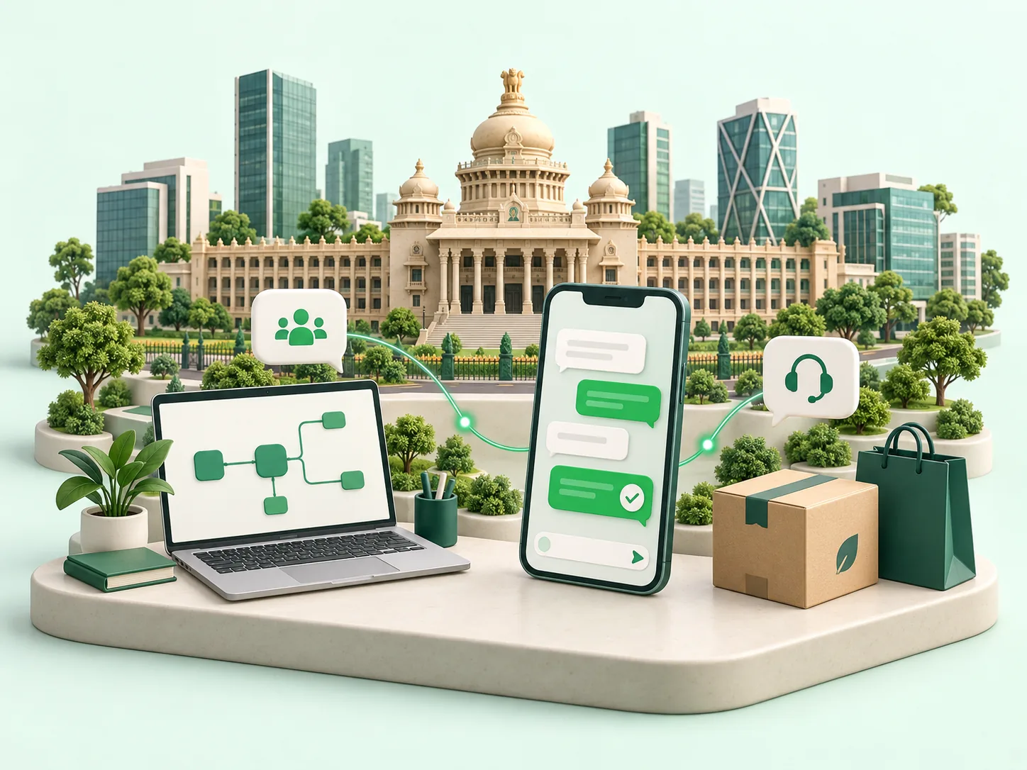 Illustration of Vidhana Soudha with a messaging phone, startup laptop and e-commerce parcels