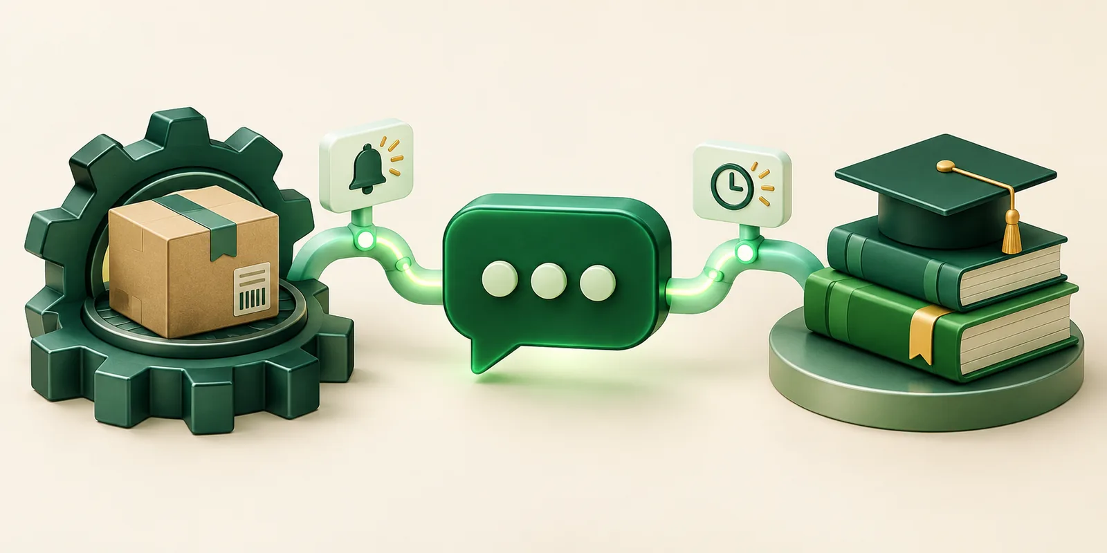 An automated chat connection links a factory gear and dispatch parcel with books and a graduation cap.