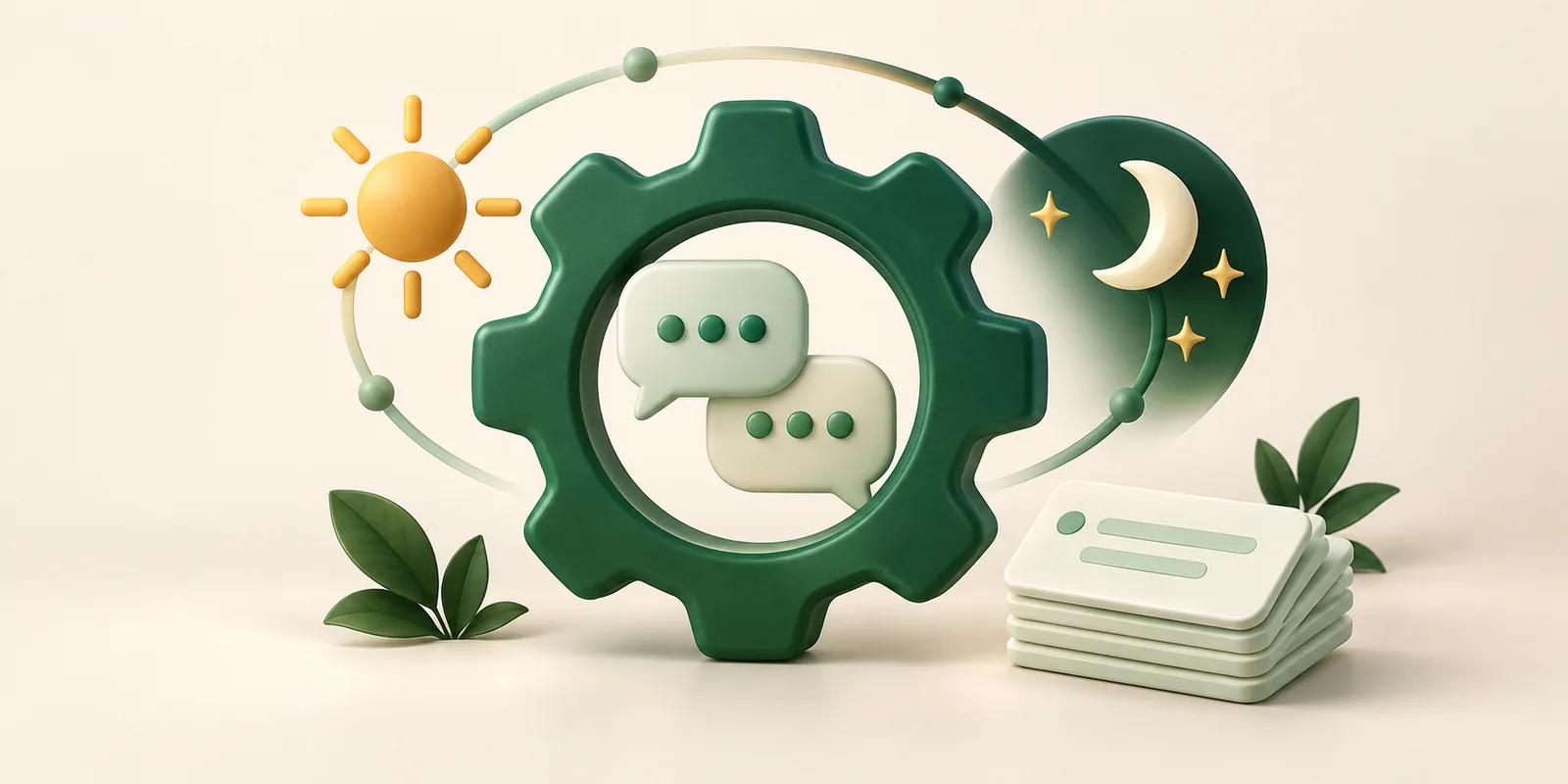 A green automation gear sends chat replies beside reusable message cards and day-and-night symbols.