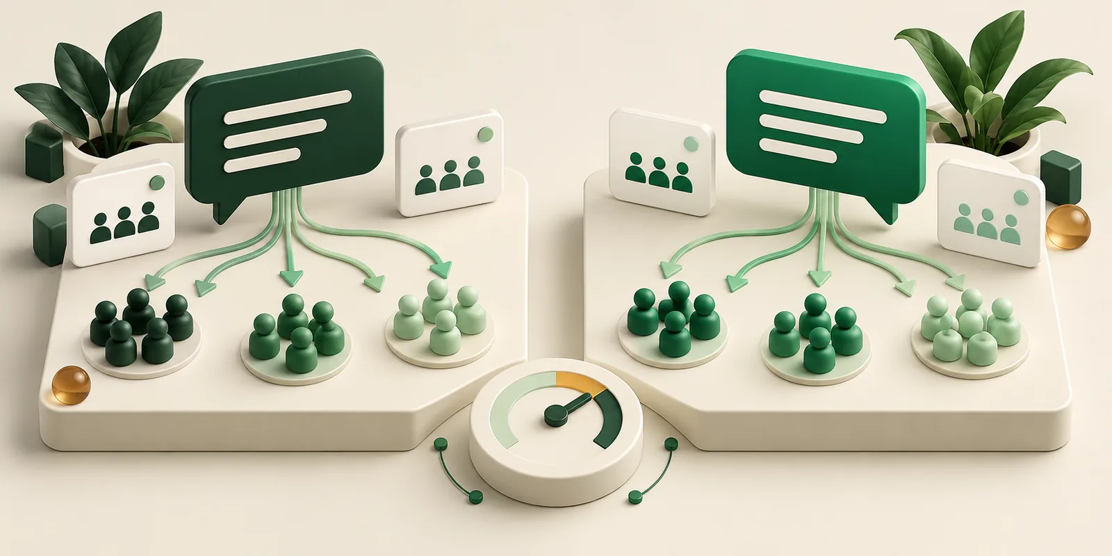 Two equal campaign workspaces broadcast chat bubbles to segmented customer groups.
