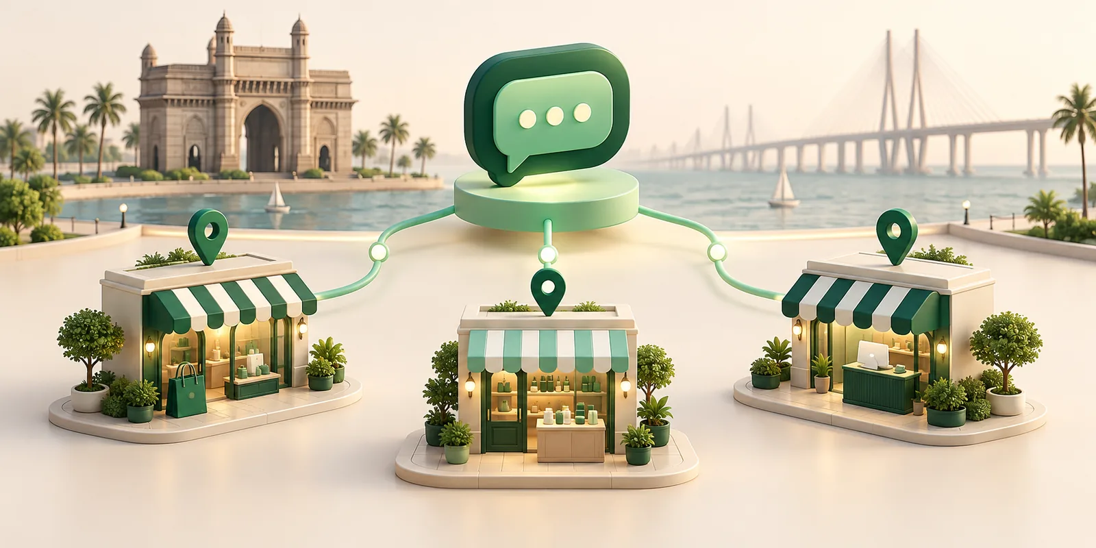 Three retail storefronts connected to a central messaging hub with Mumbai’s coastal skyline in the background.