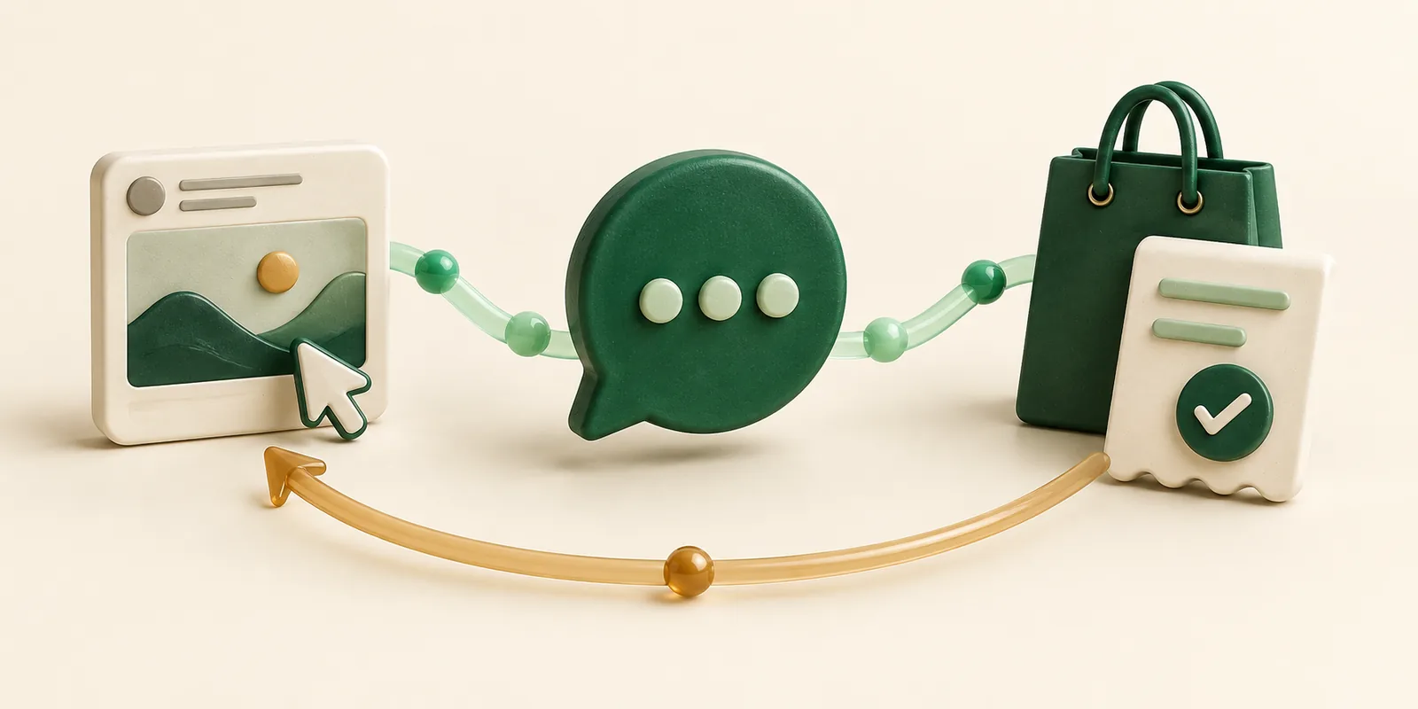 An advertising card connects through a chat bubble to a completed purchase, with a returning attribution signal.