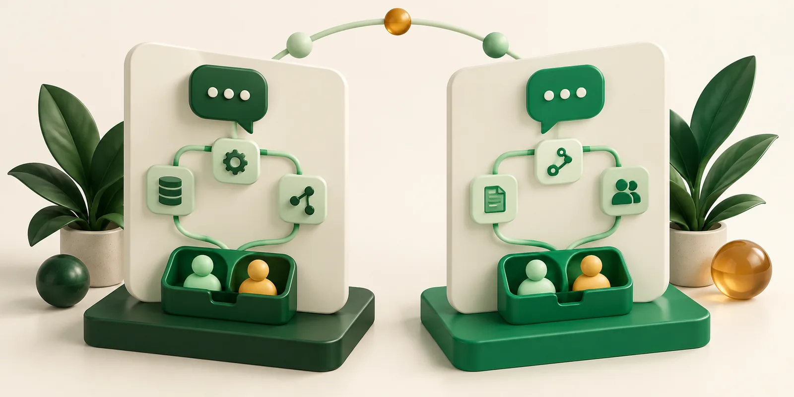 Two balanced branching automation canvases route chat conversations toward small support teams.
