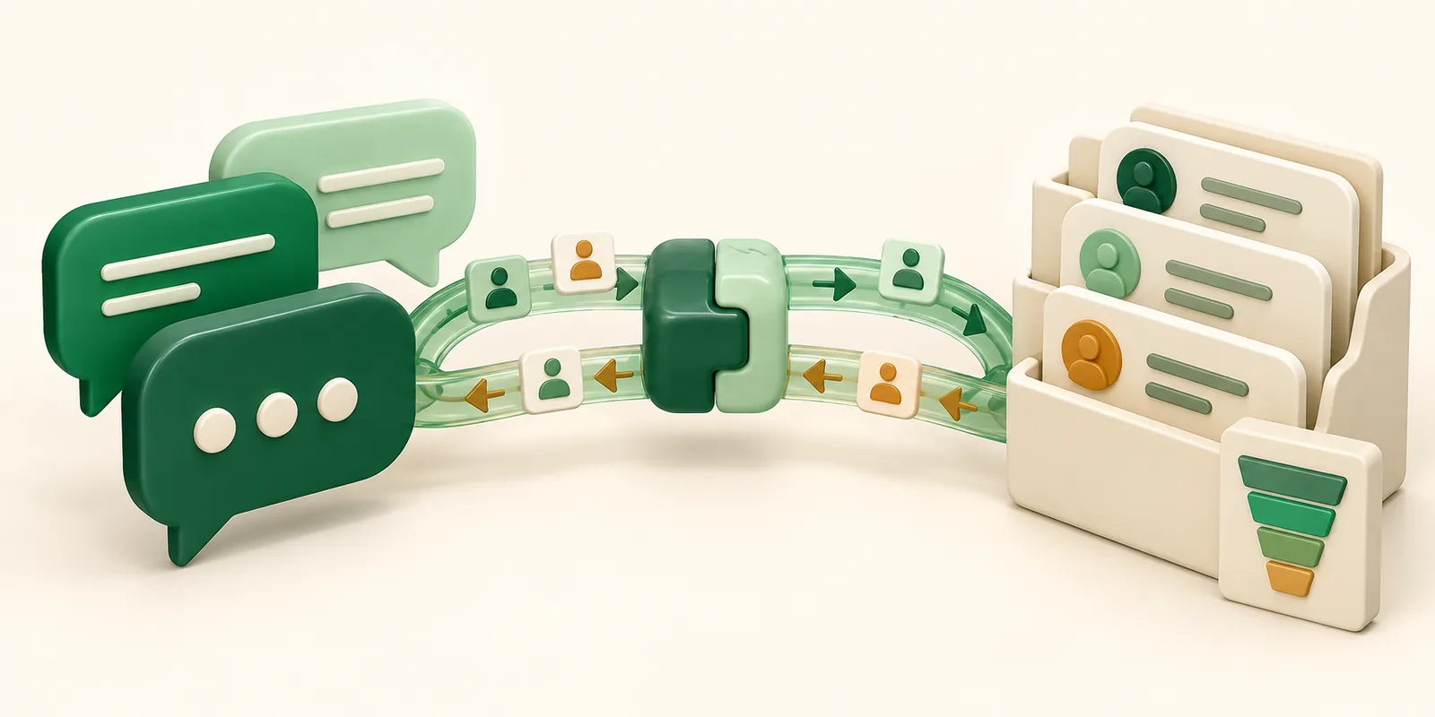 Emerald conversation bubbles connect through a two-way bridge to organized customer records and a sales pipeline.