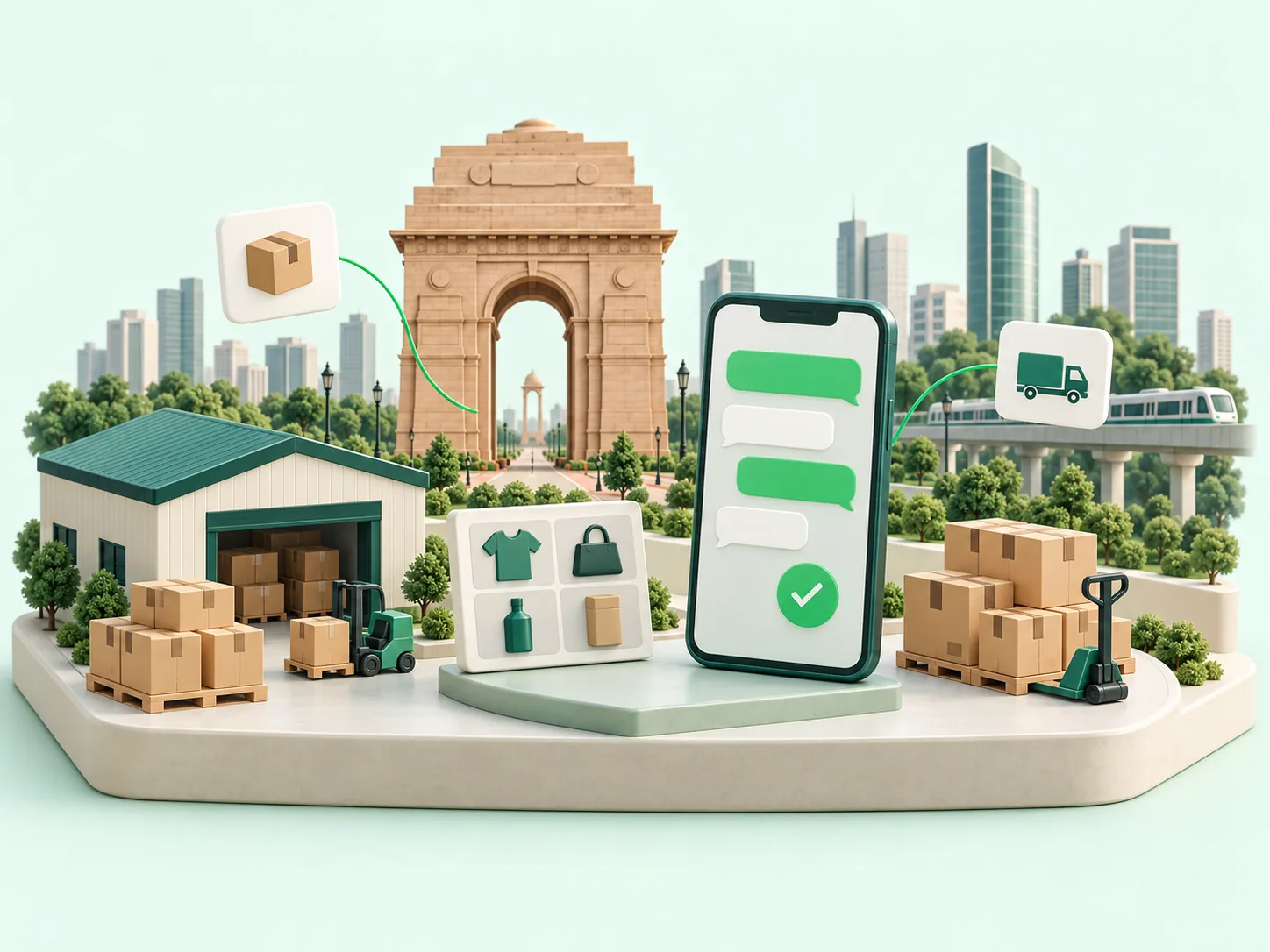 Illustration of India Gate with a messaging phone, wholesale warehouse and export parcels