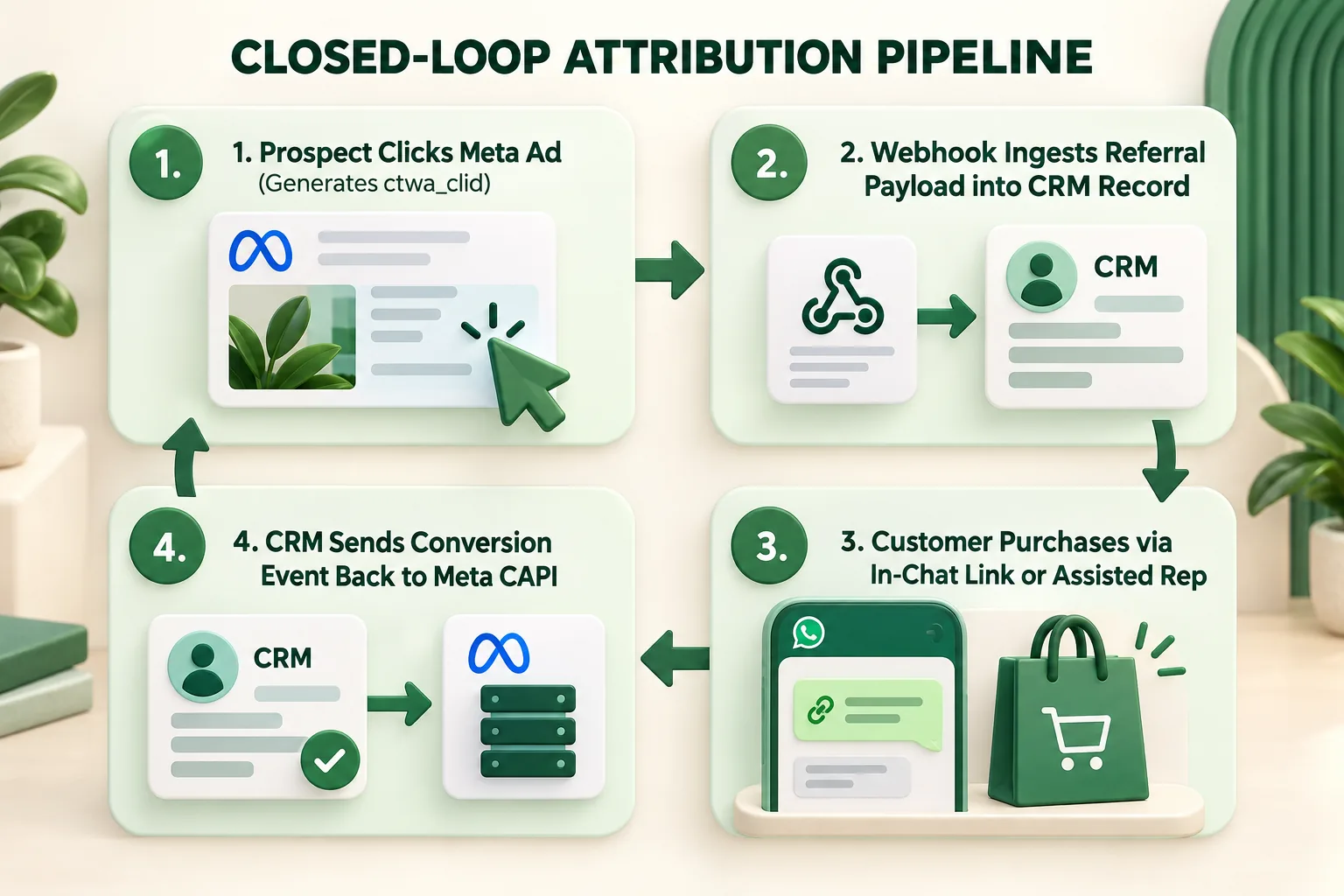 CLOSED-LOOP ATTRIBUTION PIPELINE: 1. Prospect Clicks Meta Ad (Generates ctwa_clid). 2. Webhook Ingests Referral Payload into CRM Record. 3. Customer Purchases via In-Chat Link or Assisted Rep. 4. CRM Sends Conversion Event Back to Meta CAPI.