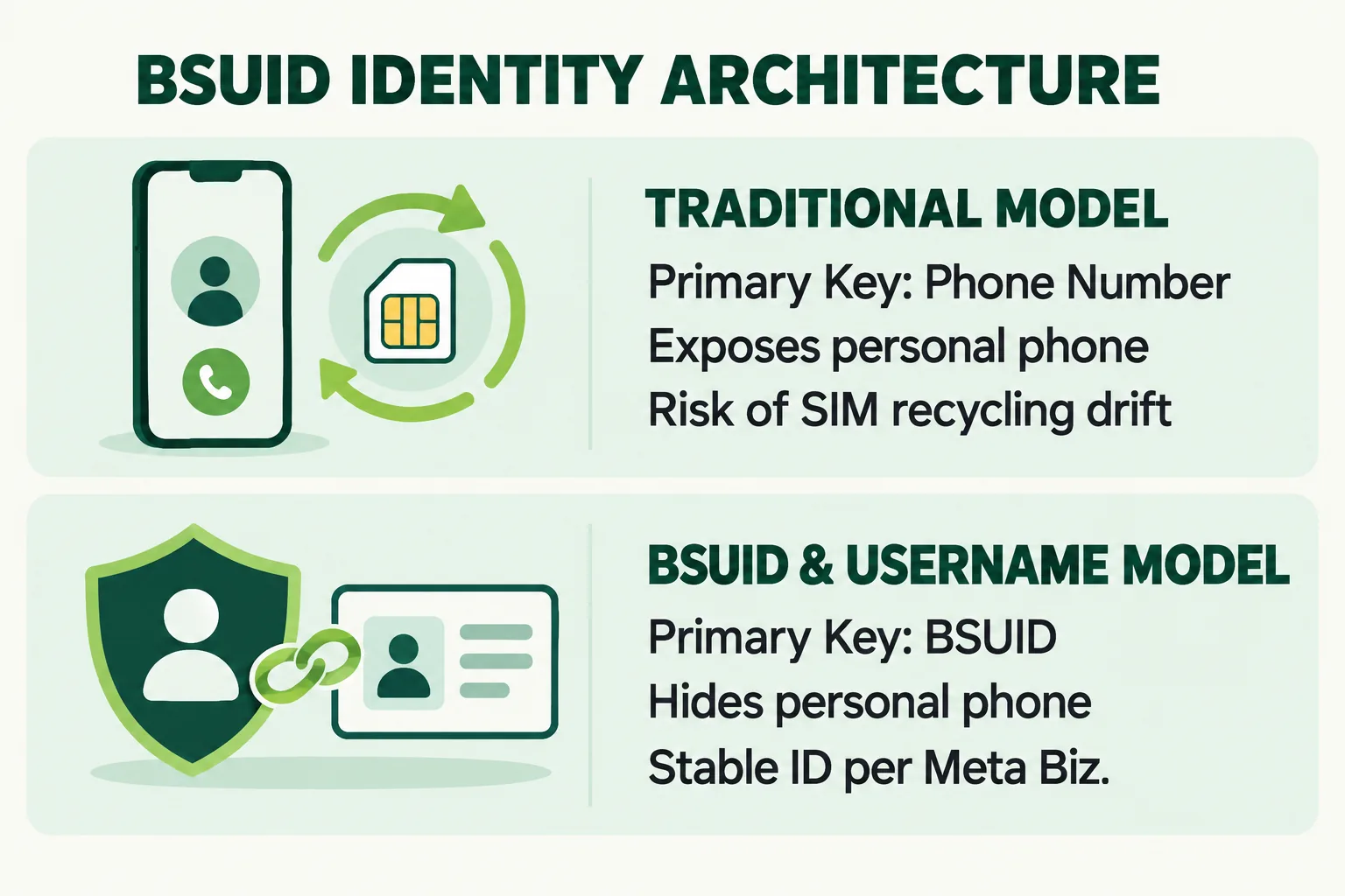 BSUID IDENTITY ARCHITECTURE. TRADITIONAL MODEL: Primary Key: Phone Number; Exposes personal phone; Risk of SIM recycling drift. BSUID & USERNAME MODEL: Primary Key: BSUID; Hides personal phone; Stable ID per Meta Biz.