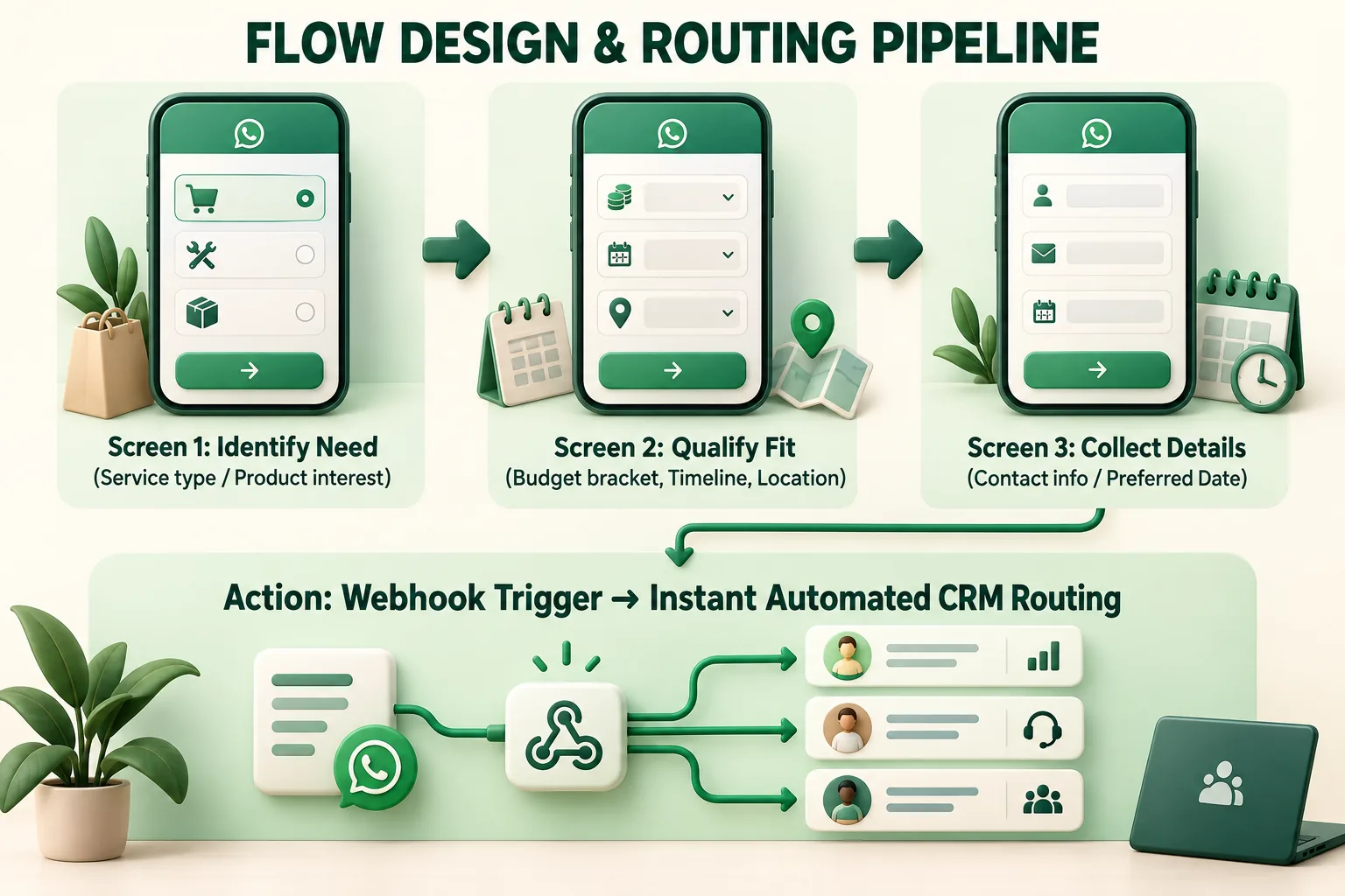 FLOW DESIGN & ROUTING PIPELINE: Screen 1: Identify Need (Service type / Product interest). Screen 2: Qualify Fit (Budget bracket, Timeline, Location). Screen 3: Collect Details (Contact Info / Preferred Date). Action: Webhook Trigger → Instant Automated CRM Routing.