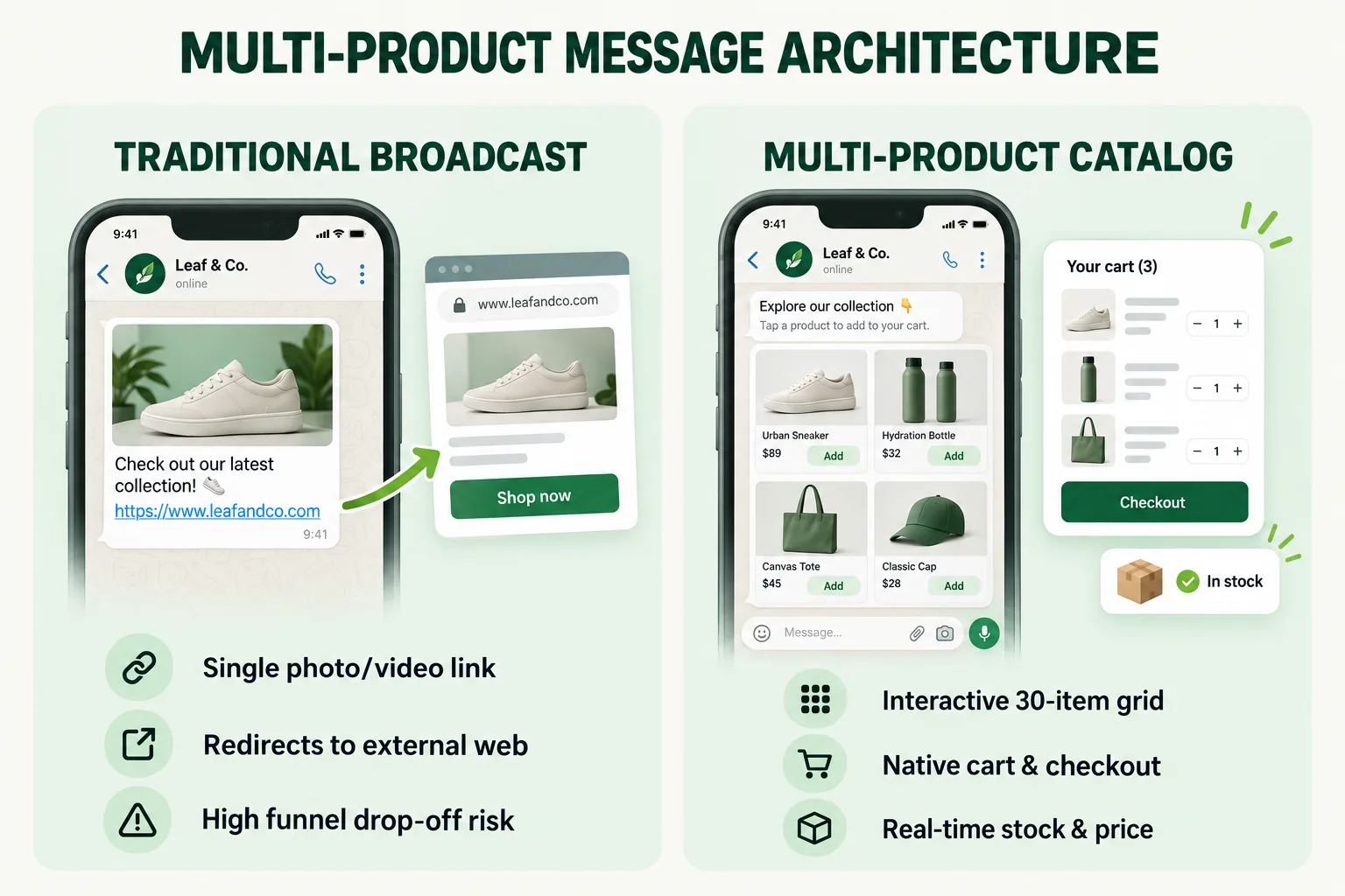 MULTI-PRODUCT MESSAGE ARCHITECTURE. TRADITIONAL BROADCAST: Single photo/video link; Redirects to external web; High funnel drop-off risk. MULTI-PRODUCT CATALOG: Interactive 30-item grid; Native cart & checkout; Real-time stock & price.