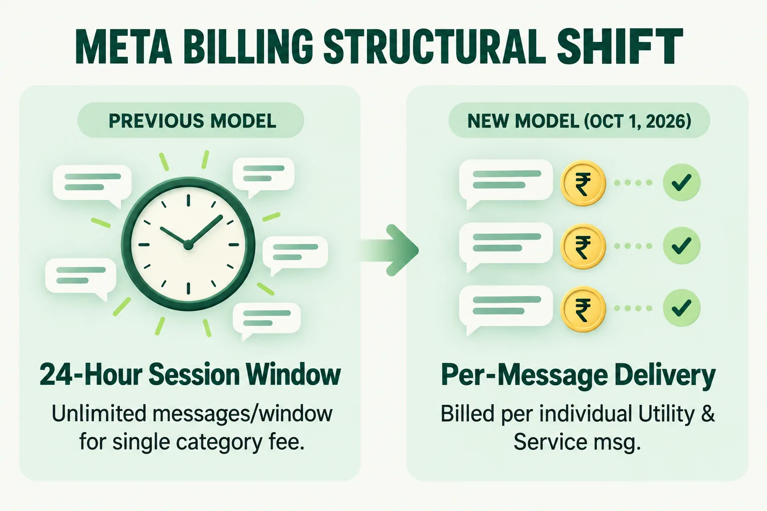 META BILLING STRUCTURAL SHIFT. PREVIOUS MODEL: 24-Hour Session Window; Unlimited messages/window for single category fee. NEW MODEL (OCT 1, 2026): Per-Message Delivery; Billed per individual Utility & Service msg.
