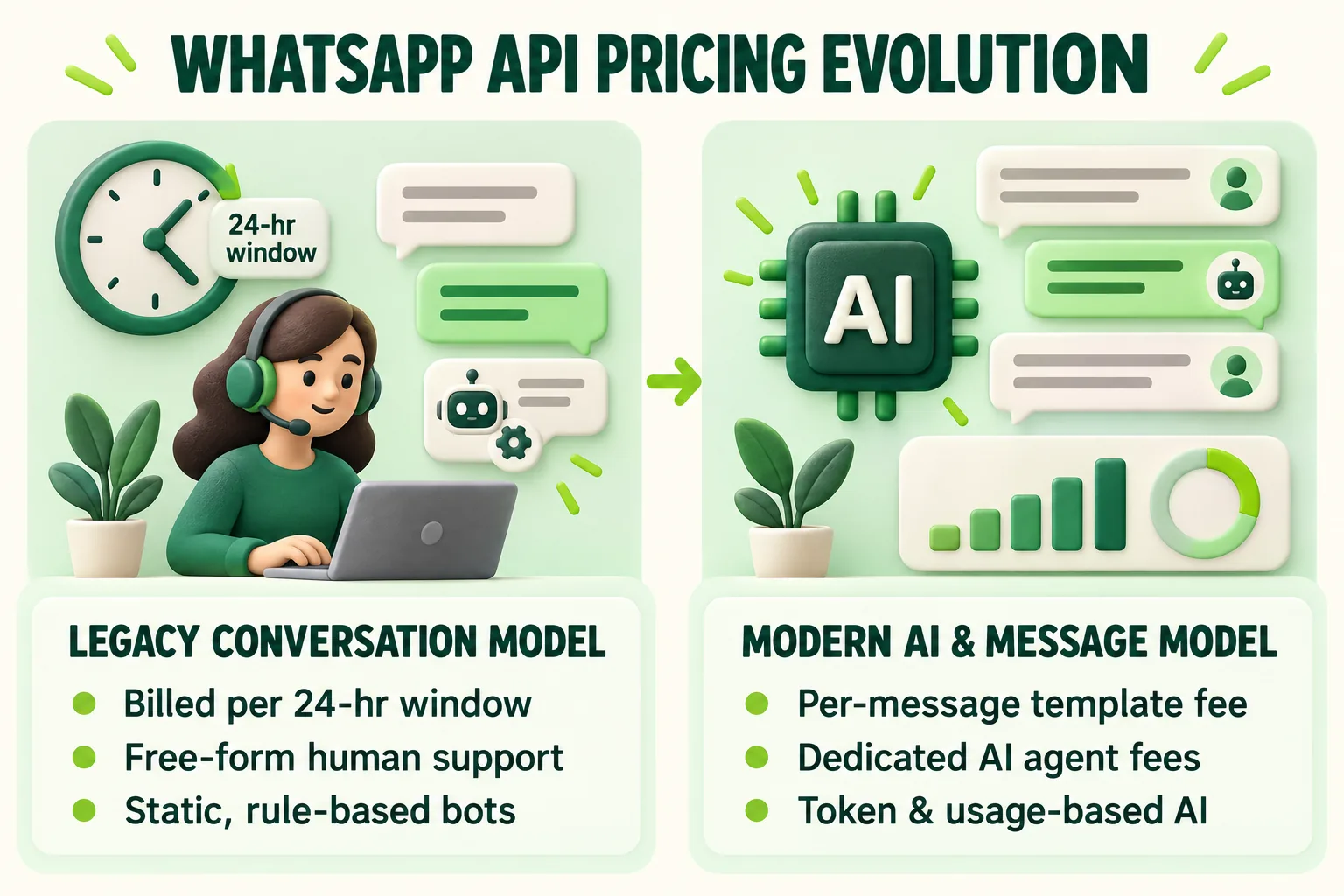 WHATSAPP API PRICING EVOLUTION. LEGACY CONVERSATION MODEL: Billed per 24-hr window; Free-form human support; Static, rule-based bots. MODERN AI & MESSAGE MODEL: Per-message template fee; Dedicated AI agent fees; Token & usage-based AI.