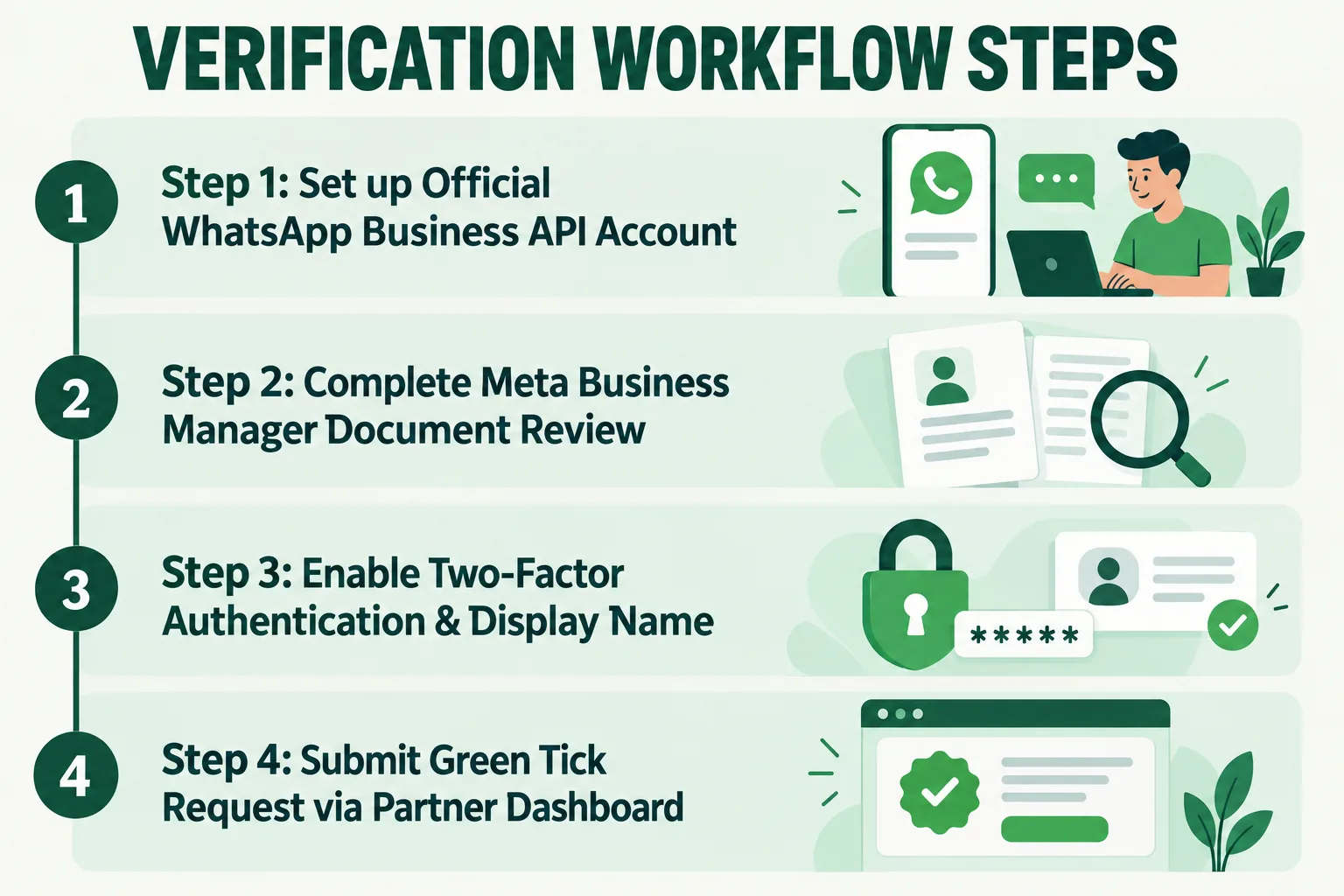 VERIFICATION WORKFLOW STEPS. Step 1: Set up Official WhatsApp Business API Account. Step 2: Complete Meta Business Manager Document Review. Step 3: Enable Two-Factor Authentication & Display Name. Step 4: Submit Green Tick Request via Partner Dashboard.