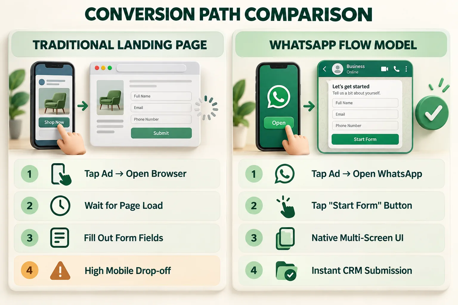 CONVERSION PATH COMPARISON. TRADITIONAL LANDING PAGE: Tap Ad → Open Browser; Wait for Page Load; Fill Out Form Fields; High Mobile Drop-off. WHATSAPP FLOW MODEL: Tap Ad → Open WhatsApp; Tap "Start Form" Button; Native Multi-Screen UI; Instant CRM Submission.