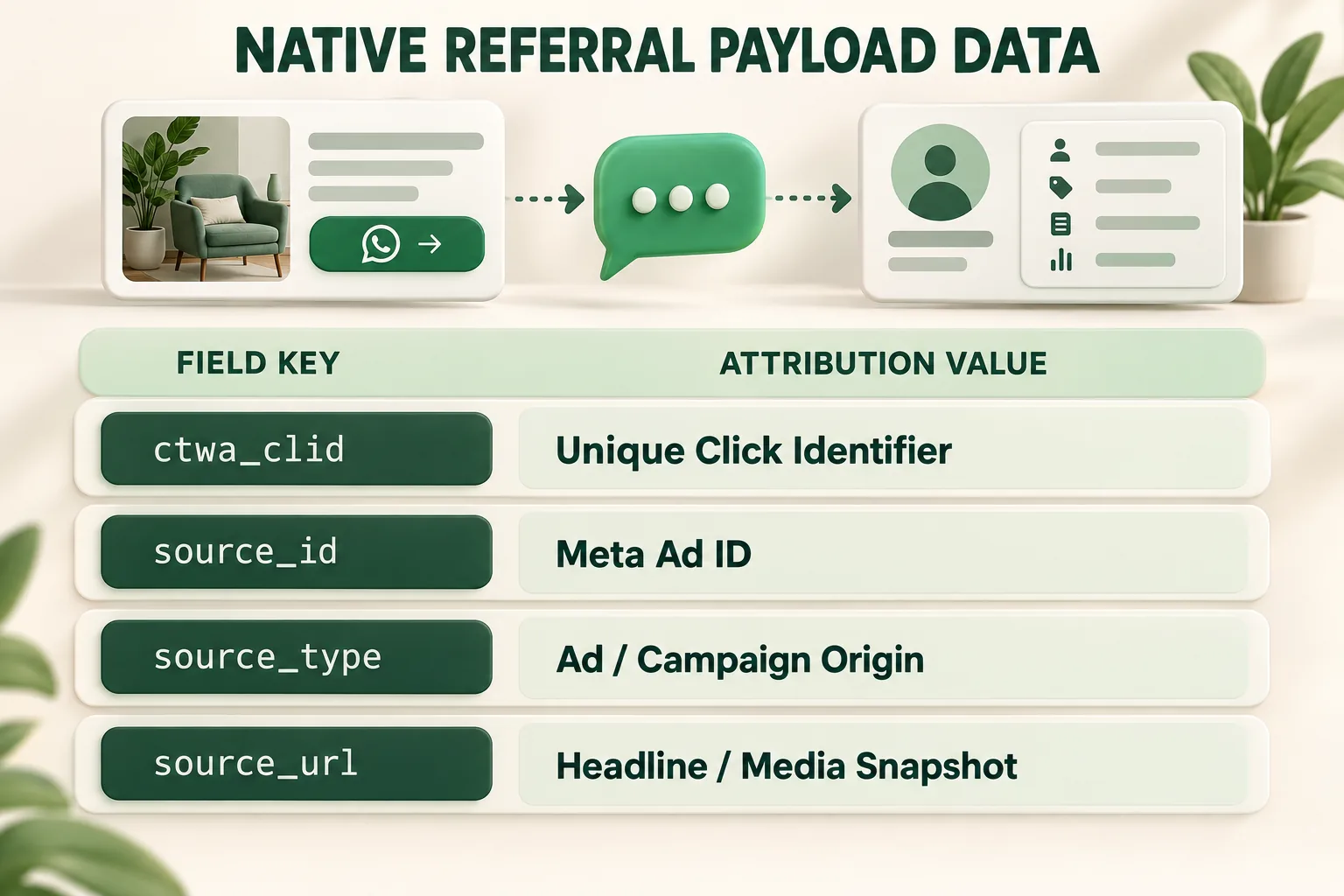 NATIVE REFERRAL PAYLOAD DATA. FIELD KEY / ATTRIBUTION VALUE: ctwa_clid / Unique Click Identifier; source_id / Meta Ad ID; source_type / Ad / Campaign Origin; source_url / Headline / Media Snapshot.