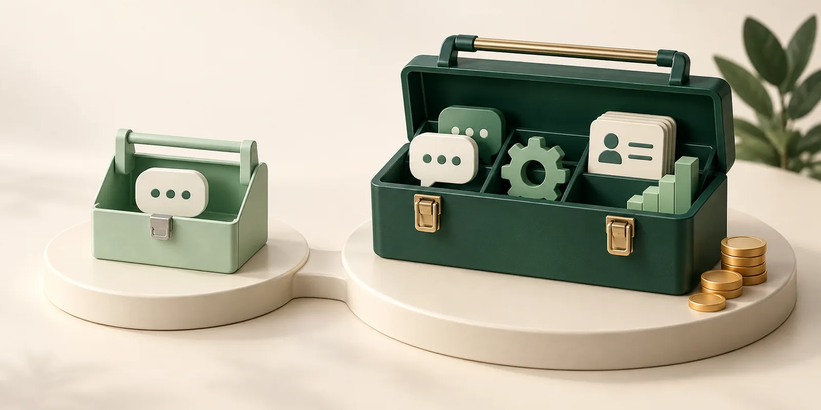 A simple messaging toolbox sits beside a larger toolbox with chat, automation, and customer-management tools.