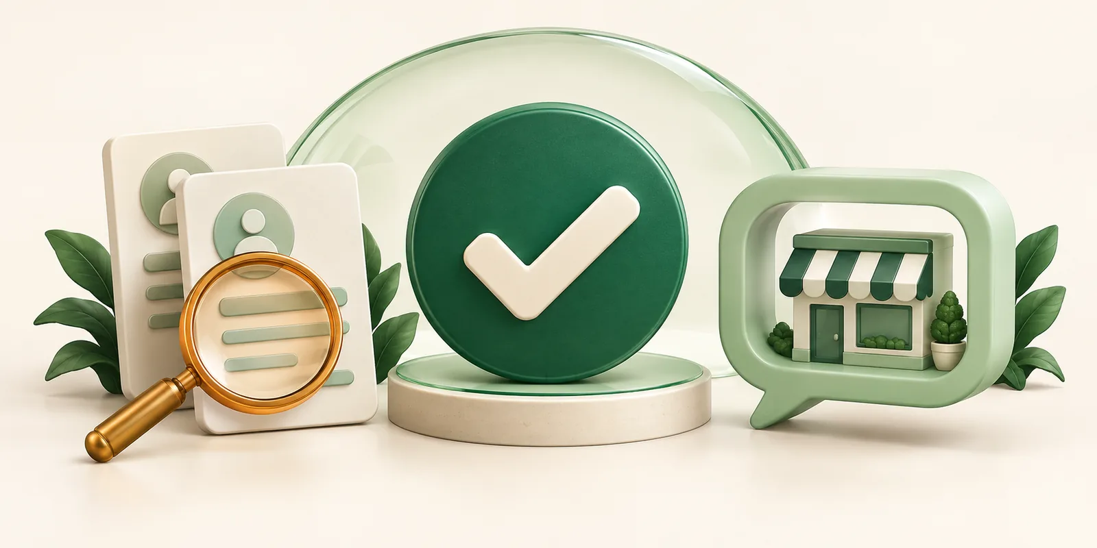 A green verification check sits beside a business identity card, reviewed documents and a messaging bubble.