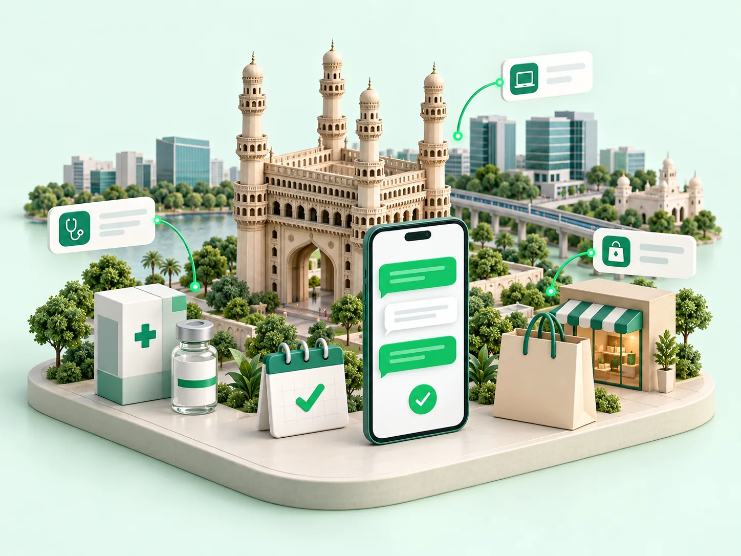 Illustration of Charminar with a messaging phone, healthcare supplies, IT offices and retail shopping bag
