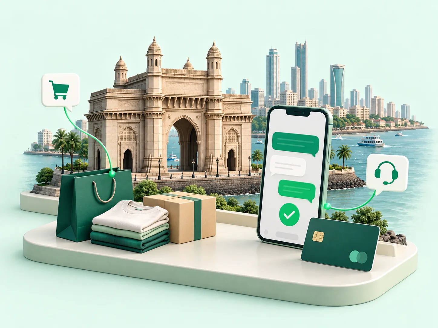 Illustration of Gateway of India with a messaging phone, retail parcels, shopping bag and fintech card