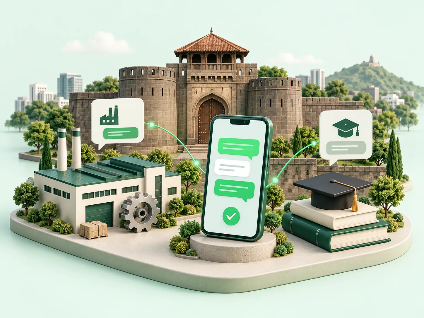 Illustration of Shaniwar Wada with a messaging phone, factory, books and graduation cap
