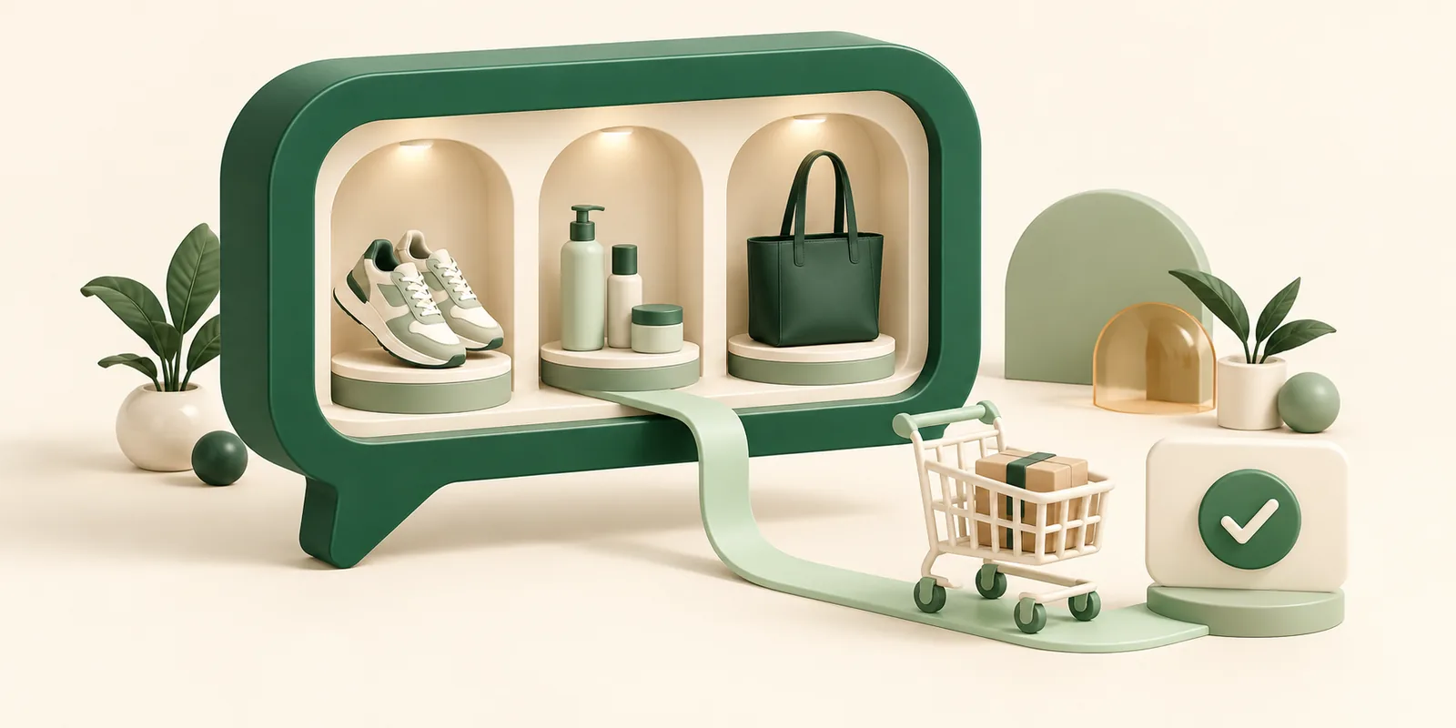 A chat-shaped product catalog displays a sneaker, skincare bottles and a tote beside a shopping cart and checkout card.