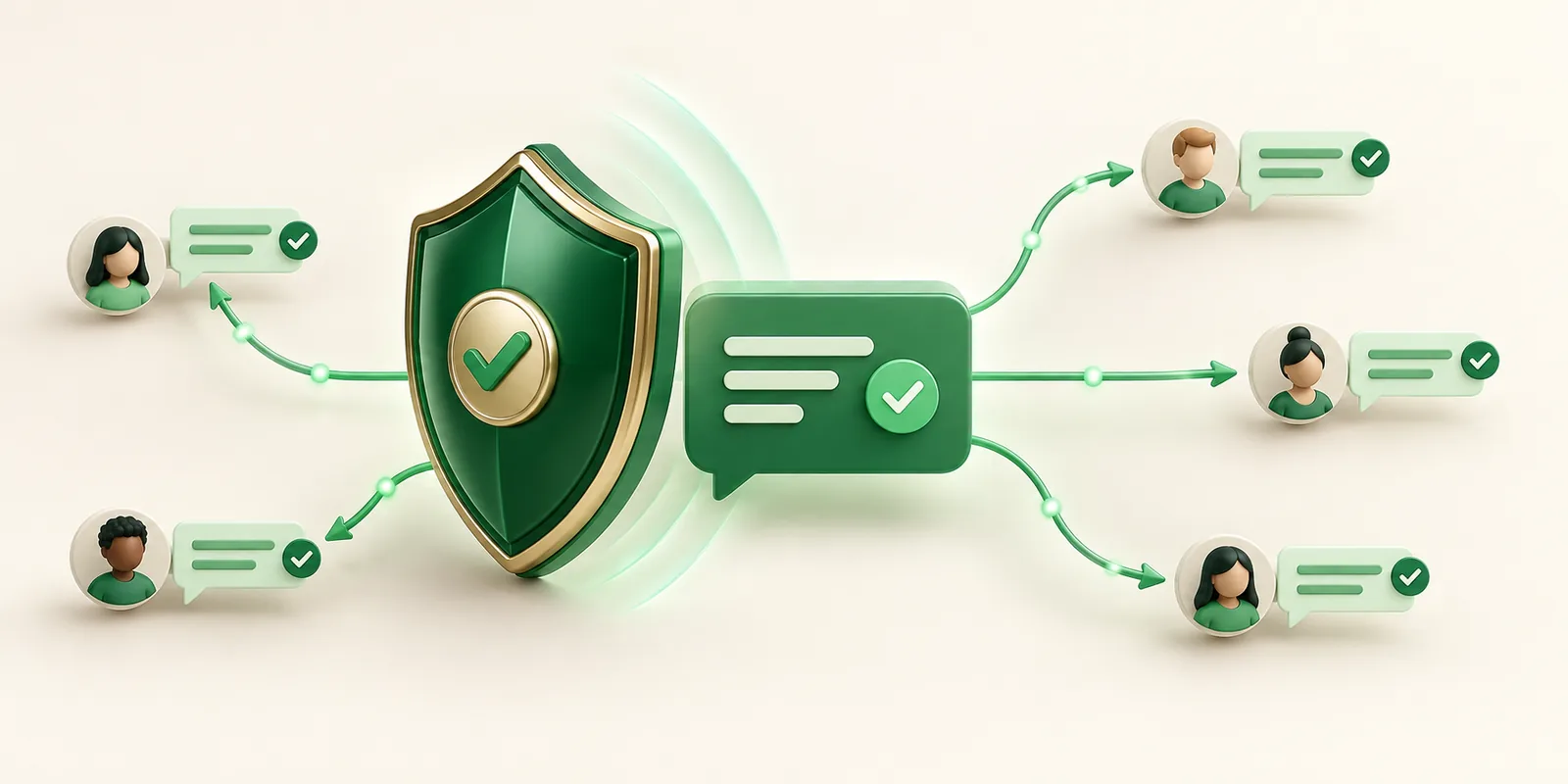 An emerald shield protects a network of chat messages sent to multiple customers.