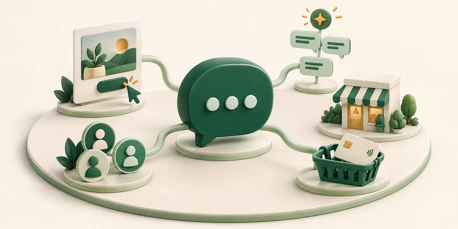 Connected messaging, automation, customer segments and in-chat shopping form an integrated business communications system.