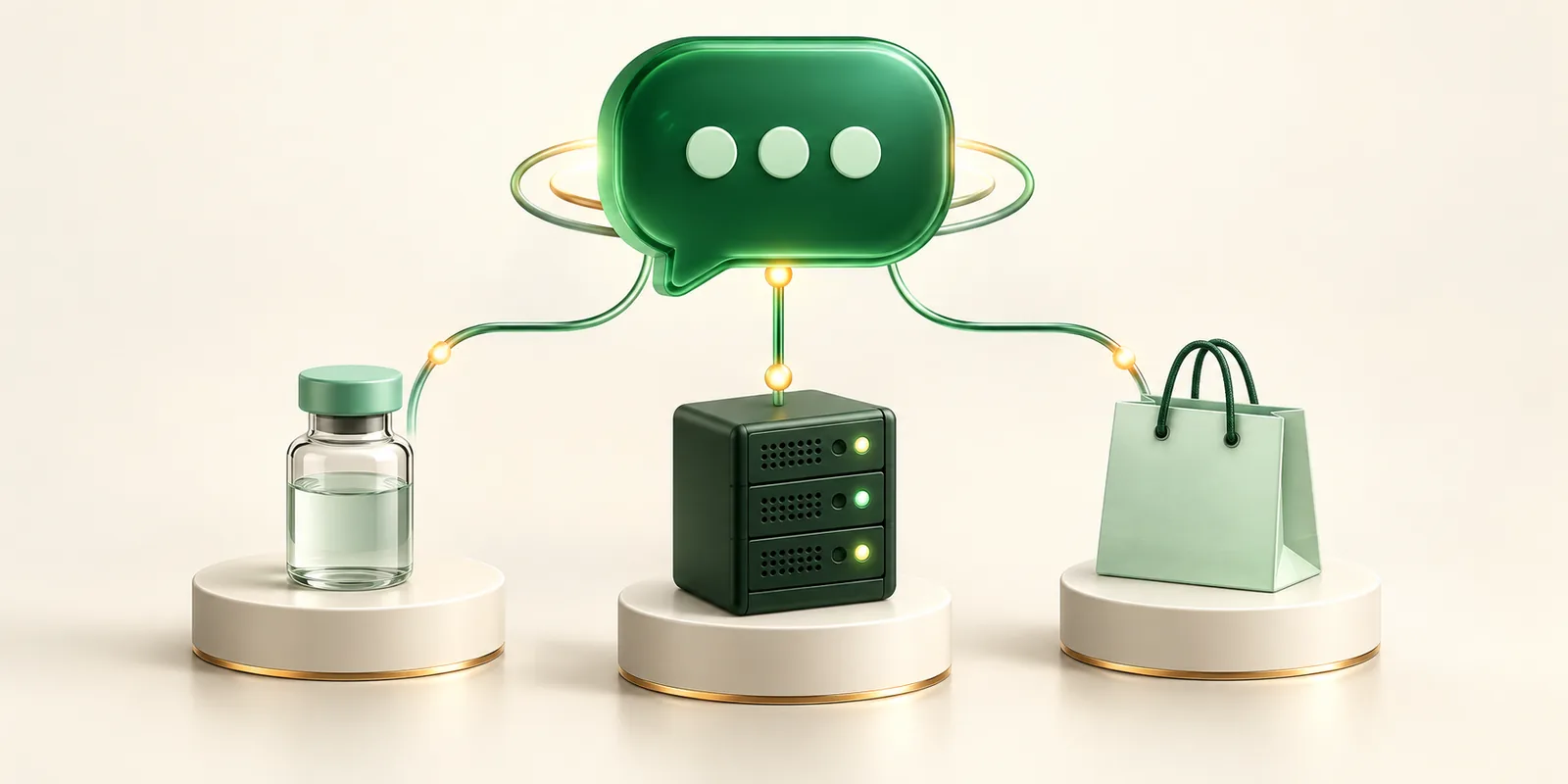 A messaging hub connects a pharmacy vial, an IT server and a retail shopping bag on three pedestals.
