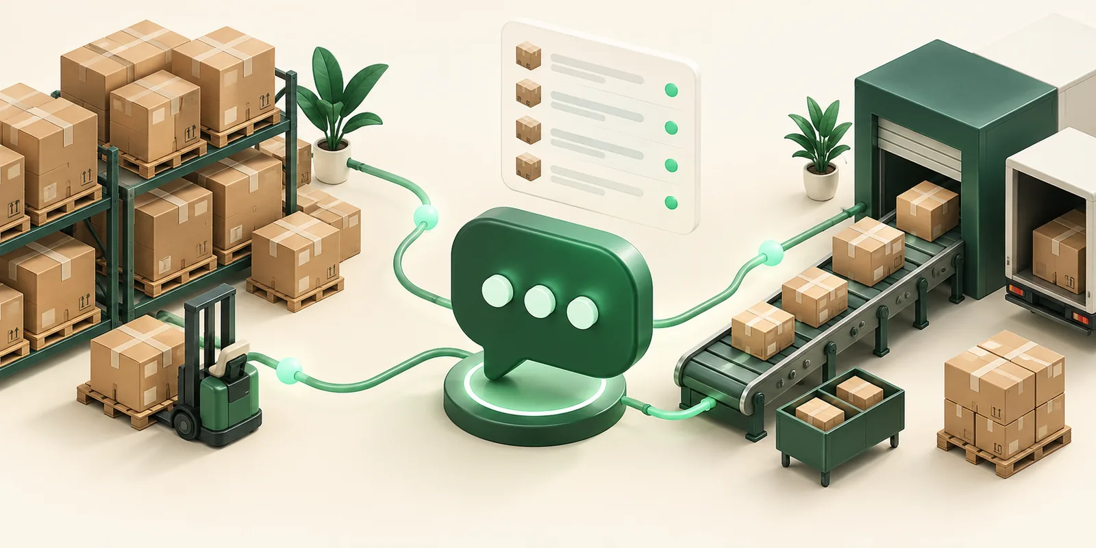 Stacked wholesale cartons connected to a green chat hub and an orderly dispatch conveyor.