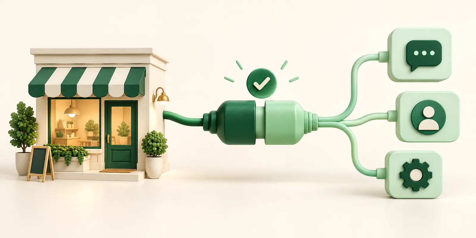 A small storefront connects through an emerald plug to chat, customer, and automation tiles.