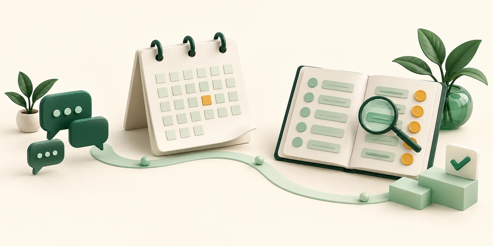 A calendar page turns beside messaging tokens and an organized budget ledger, illustrating preparation for a pricing transition.