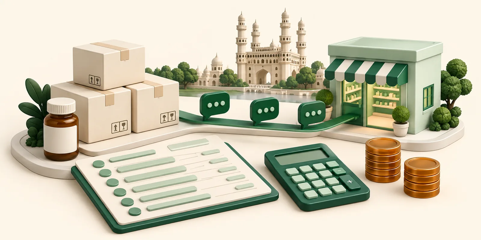 Pharmacy distribution cartons and a retail storefront sit beside a clear messaging budget ledger and calculator.