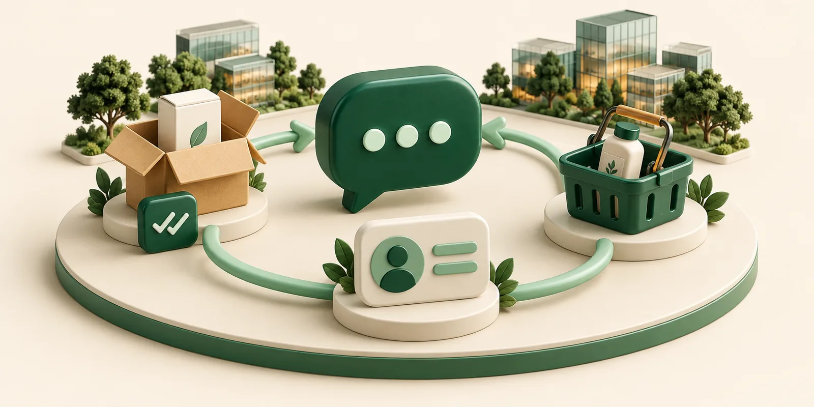 Connected ecommerce parcels, customer cards and chat bubbles form a repeat-purchase loop beside a modern technology campus.