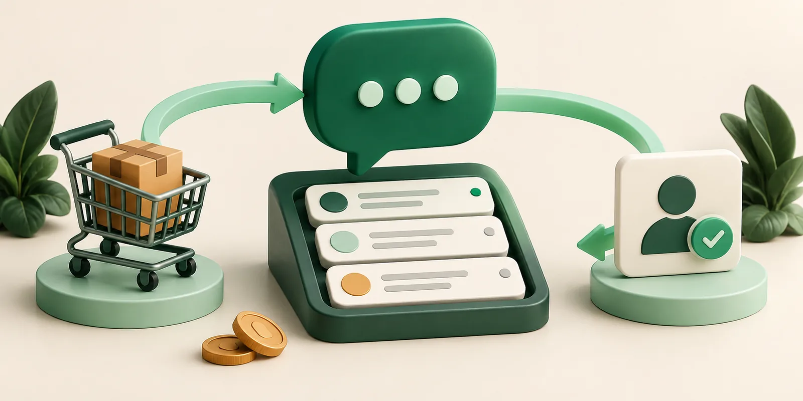 A central chat workspace reconnects a shopping cart and a customer verification card through a looping path.