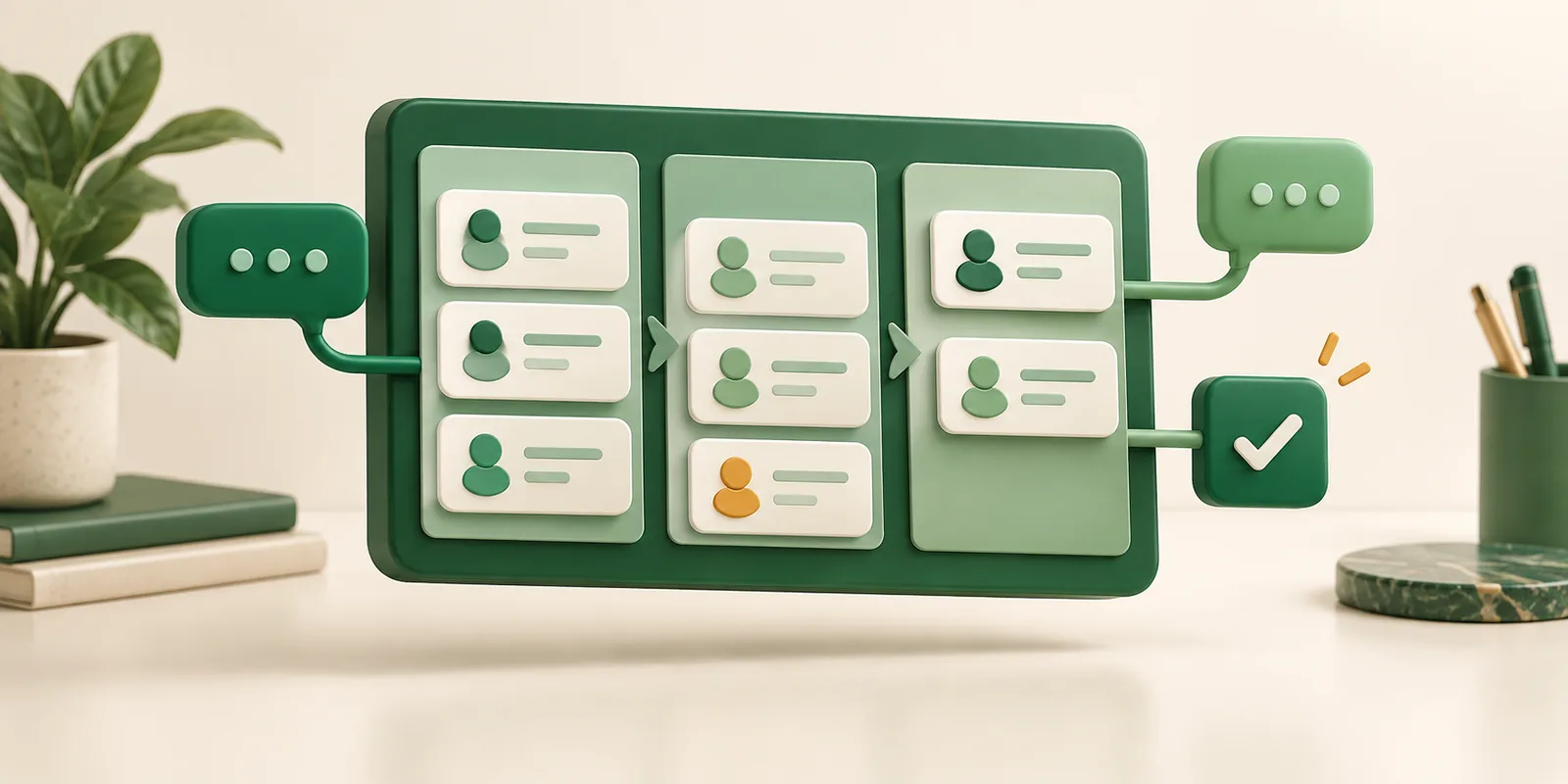 Customer cards and chat bubbles are organized into a three-stage sales pipeline.
