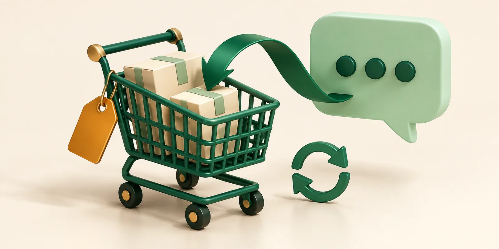 A shopping cart with parcels is linked to a chat bubble and a returning message path.