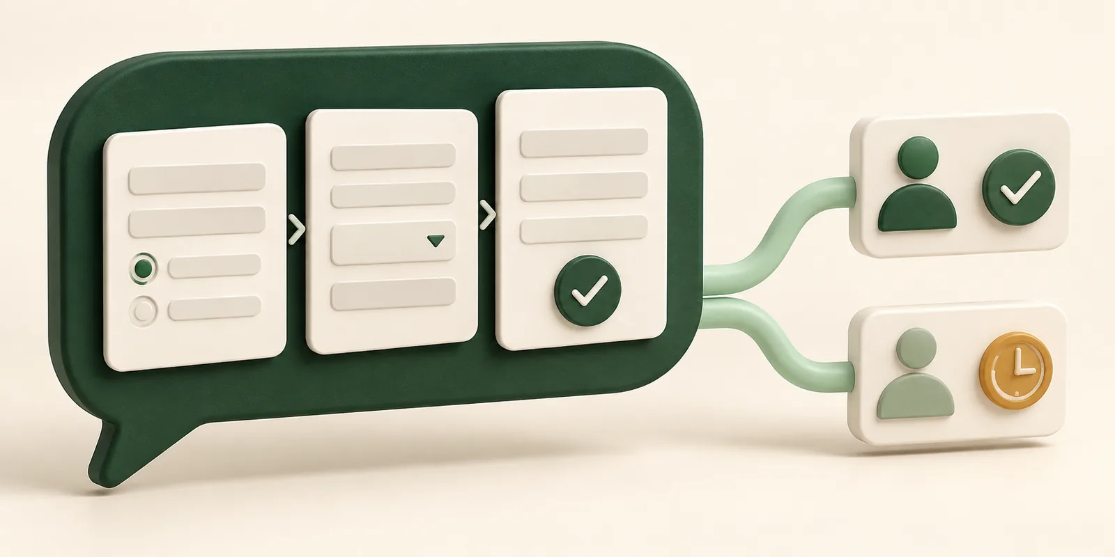 Three form cards sit inside a green chat frame and route completed responses to qualified lead cards.