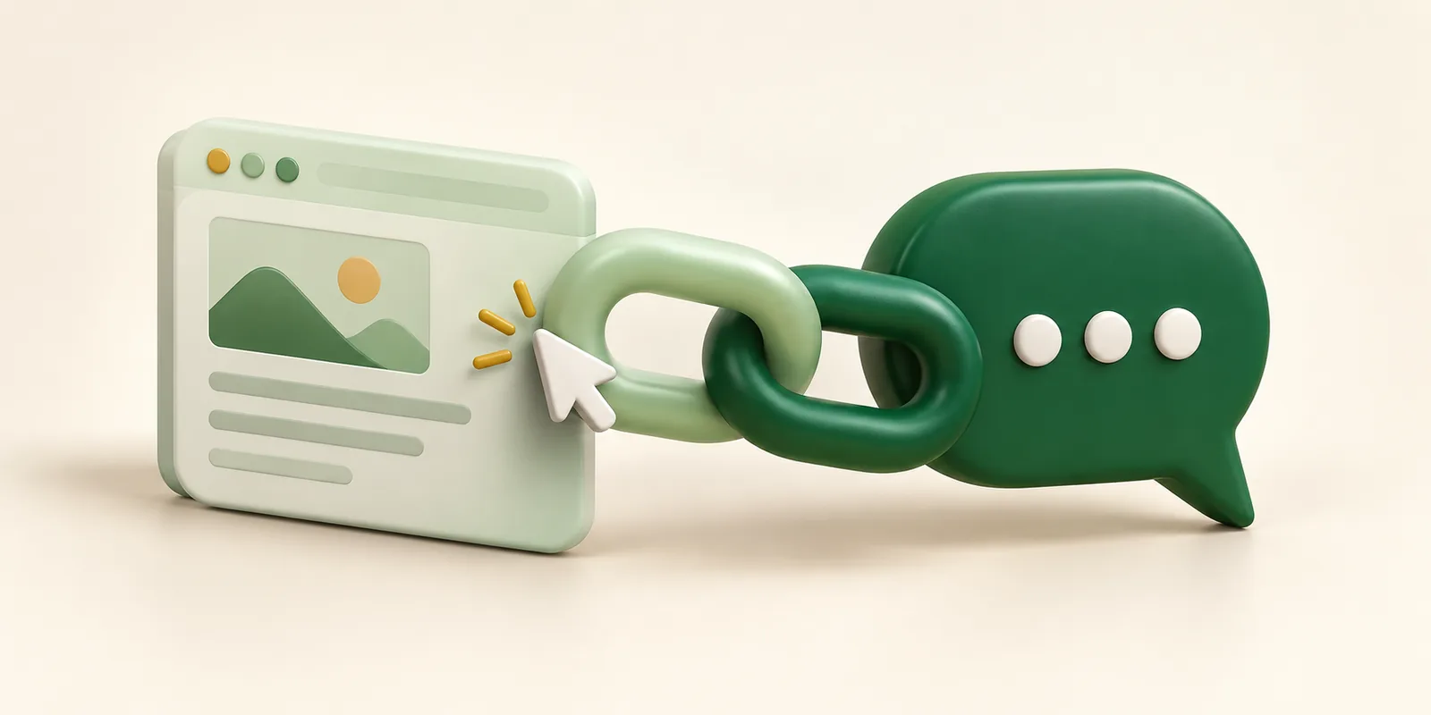 Interlocking chain links connect a website tile directly to an emerald chat bubble with a cursor arrow.