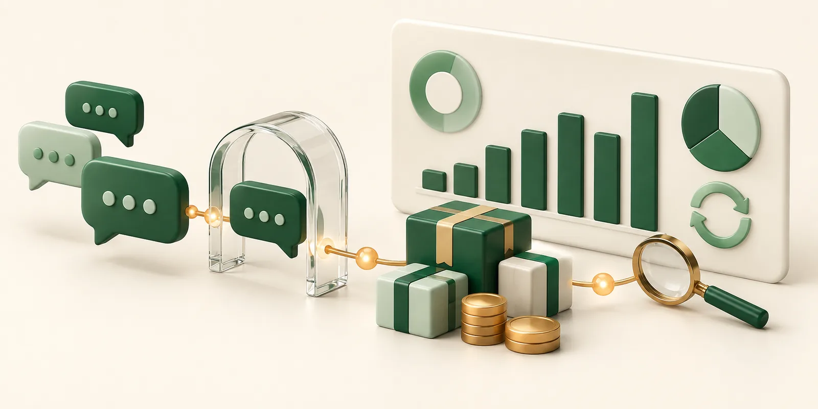 Chat bubbles connect to purchased parcels and a clean analytics panel measuring revenue and repeat customer activity.