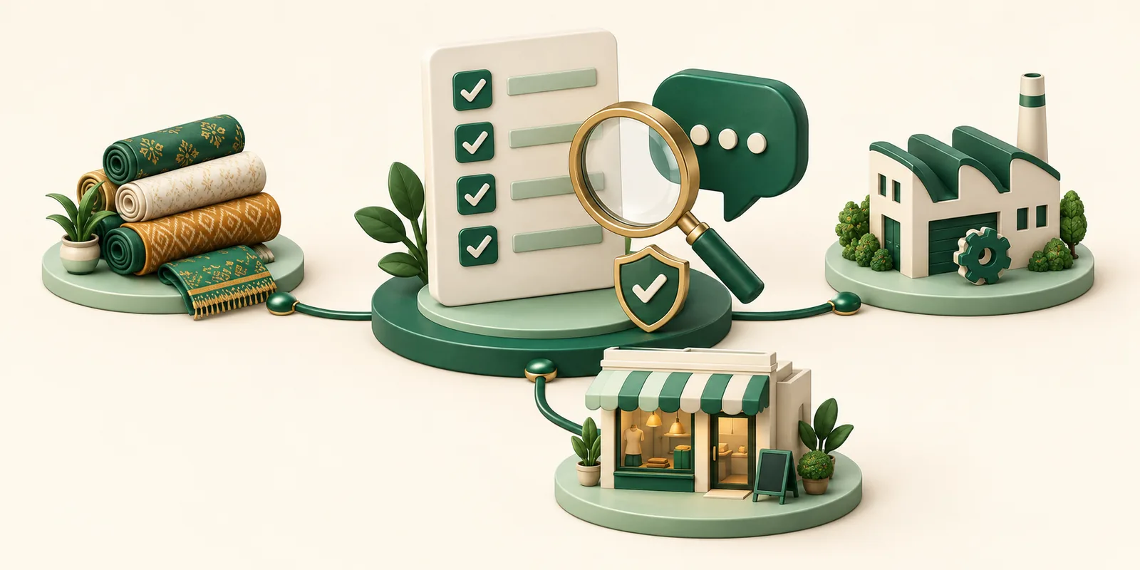 A magnifying glass examines a trusted messaging provider connected to textile, manufacturing and retail businesses.
