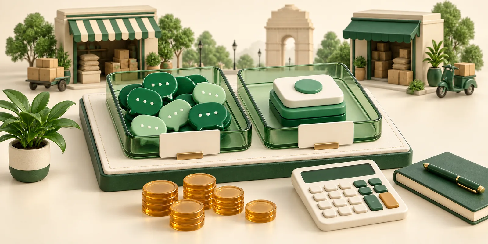 Transparent pricing trays separating messaging tokens and platform costs beside small Delhi business storefronts.