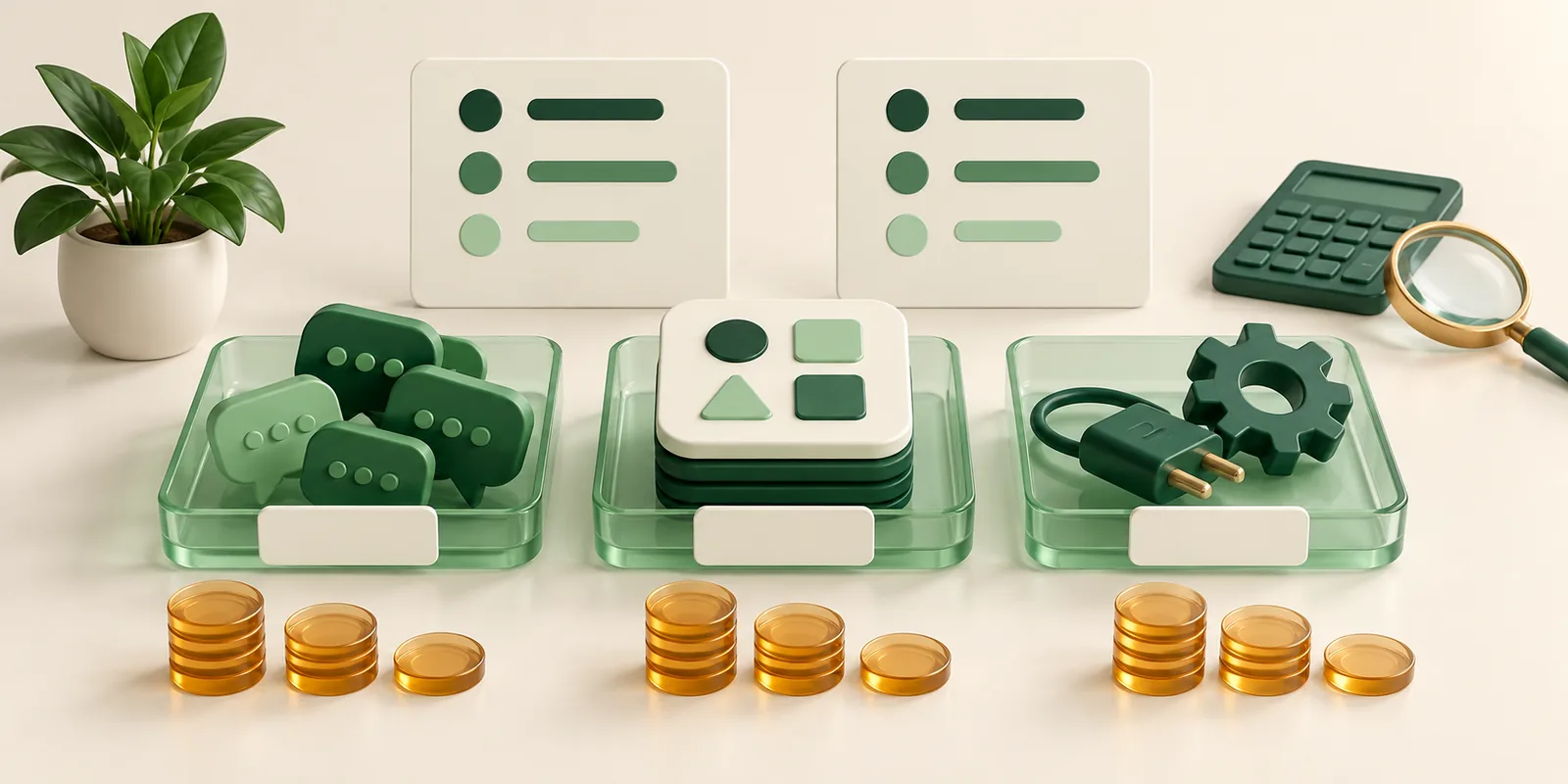 Three transparent budgeting trays separate message usage, software subscription and setup costs for a plan comparison.