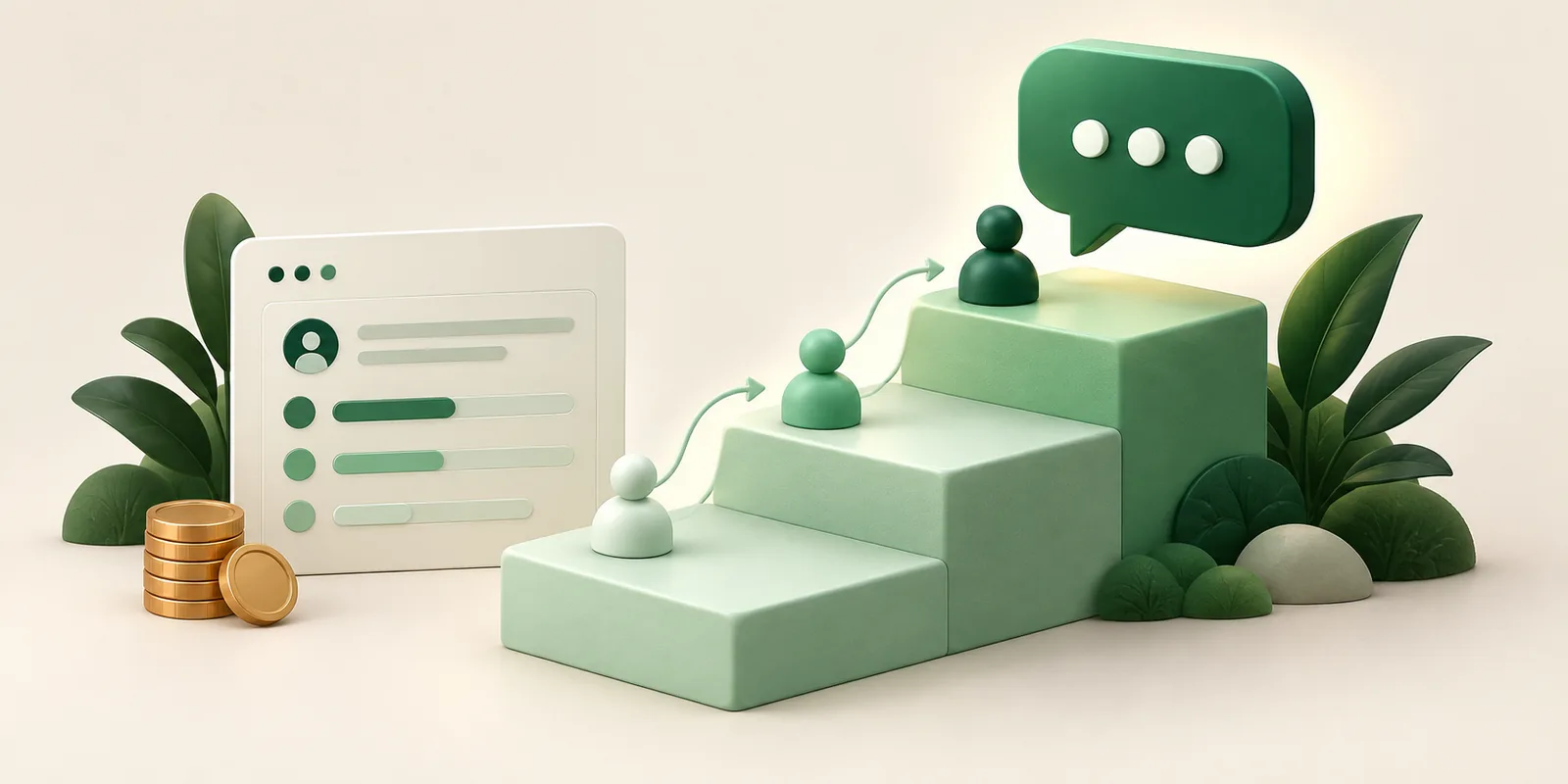 A green chat bubble grows through ascending onboarding steps beside a compact software dashboard.