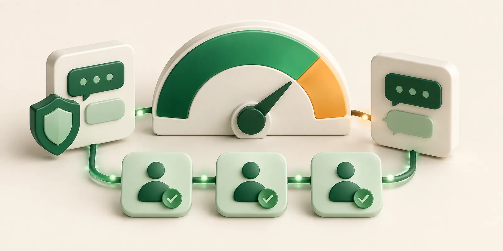 An amber-and-green sender health gauge sits beside carefully organized message cards and verified customer contacts.