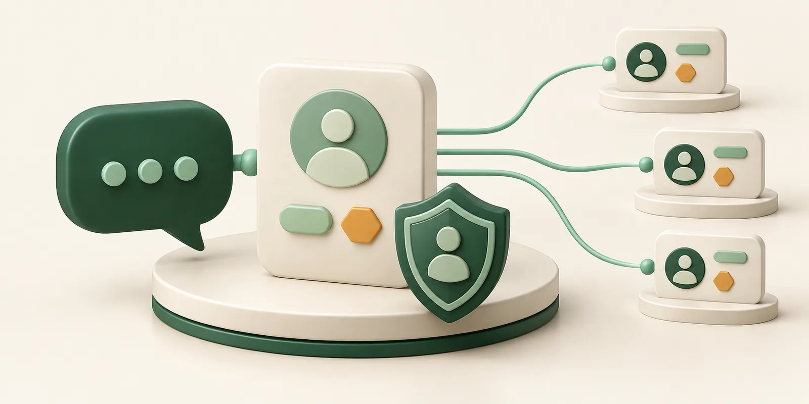 A private customer identity card links a chat bubble to organized customer records behind an emerald privacy shield.