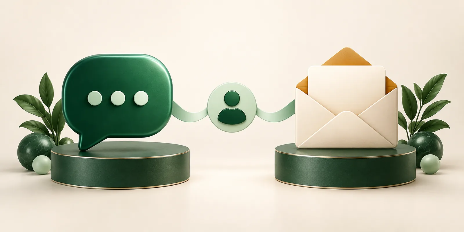 An emerald chat bubble and an open envelope connect to one customer, comparing chat and email marketing.