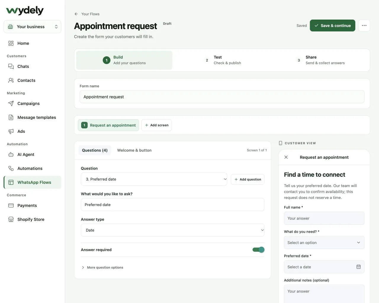 Wydely Appointment request Flow builder with service and preferred-date questions beside the customer form preview.