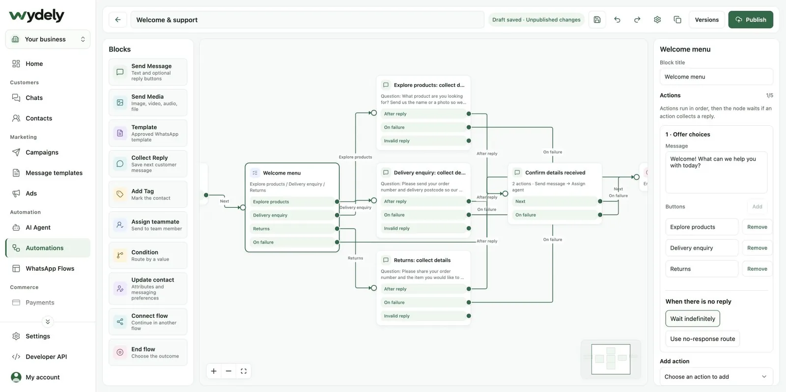 Wydely automation builder with the welcome menu selected, reply buttons and connected branches.