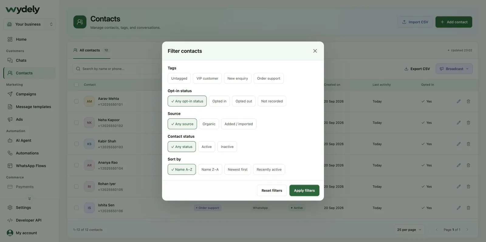 Wydely contact filter dialog with tags, opt-in status, source, contact status and sort controls.