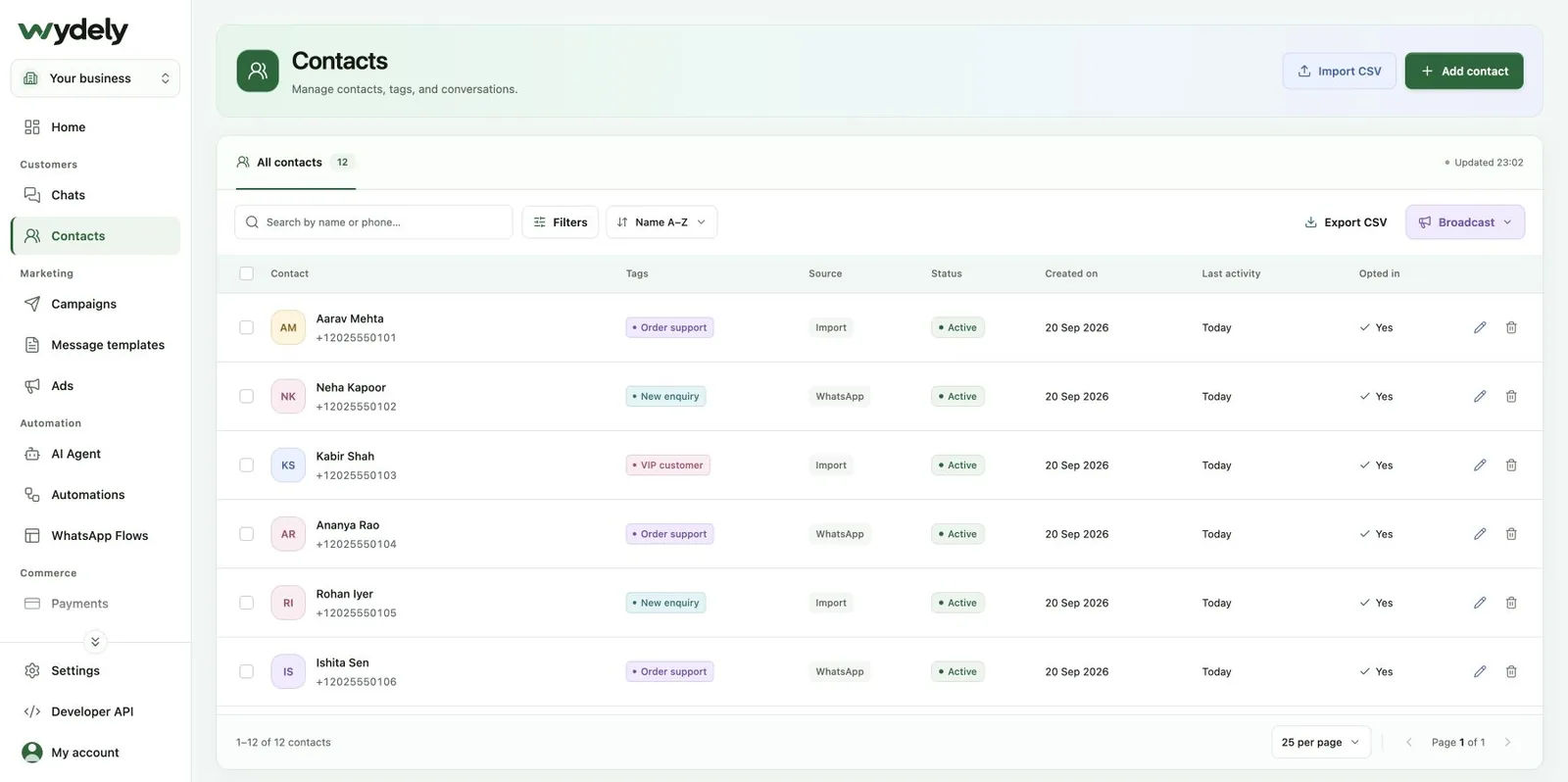 Wydely contact management showing sample customers, tags and contact attributes