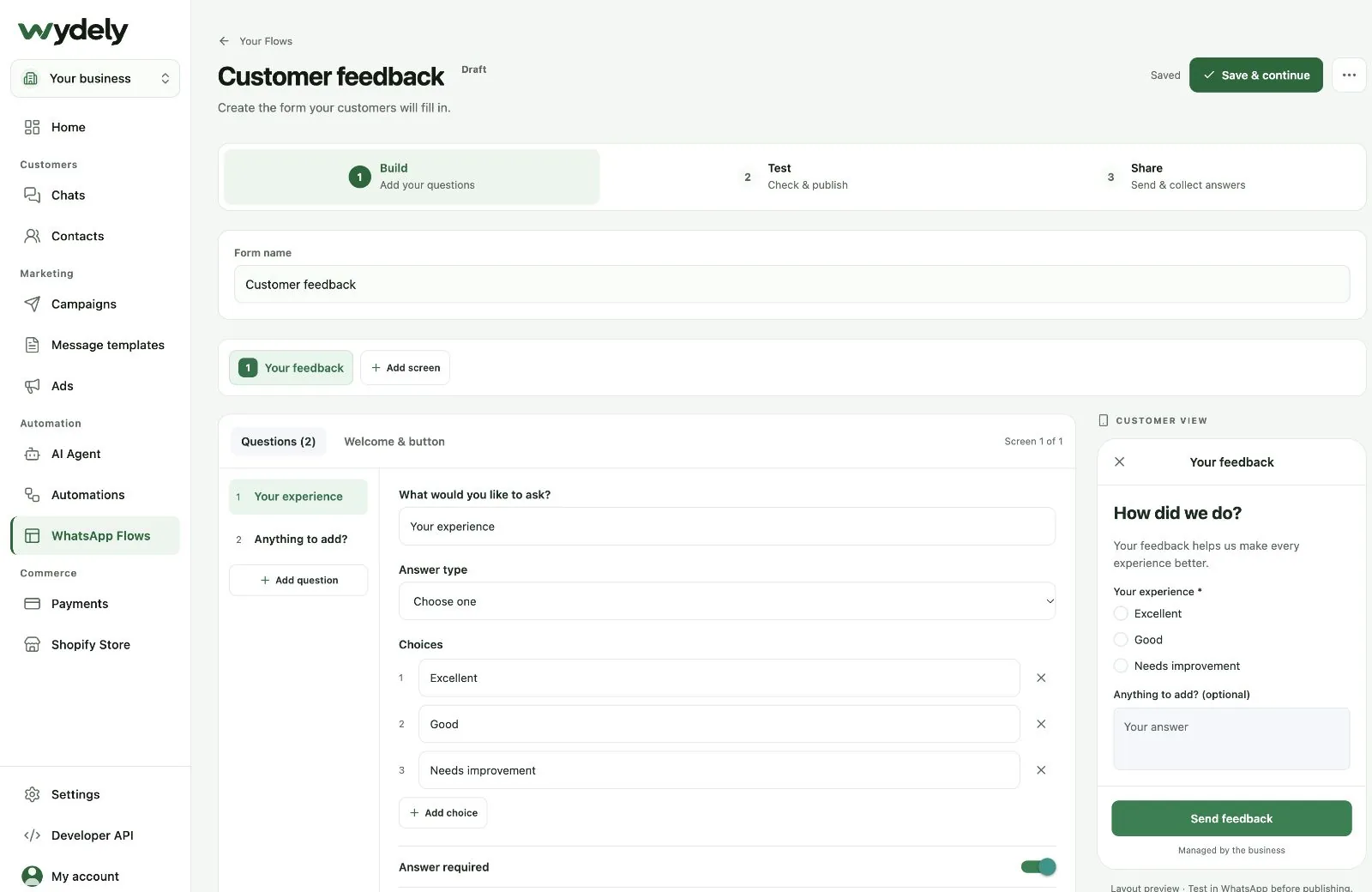 Wydely Customer feedback Flow with Excellent, Good and Needs improvement choices beside the customer preview.